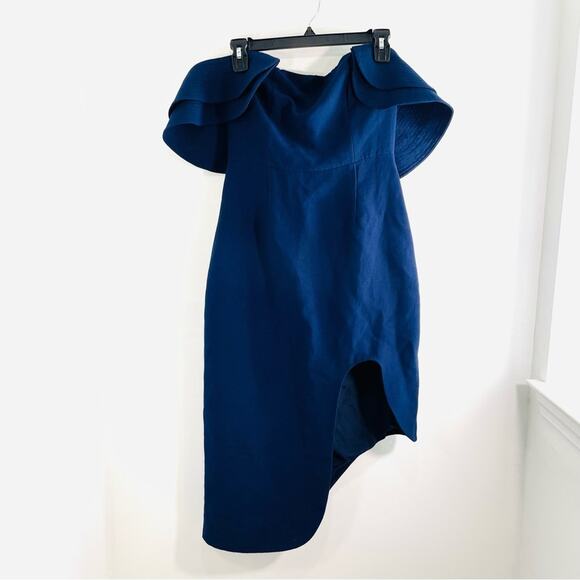 C/MEO Collective Navy Blue Ruffle Off Shoulder Crepe Slit Front Cocktail Medium - Picture 2 of 12